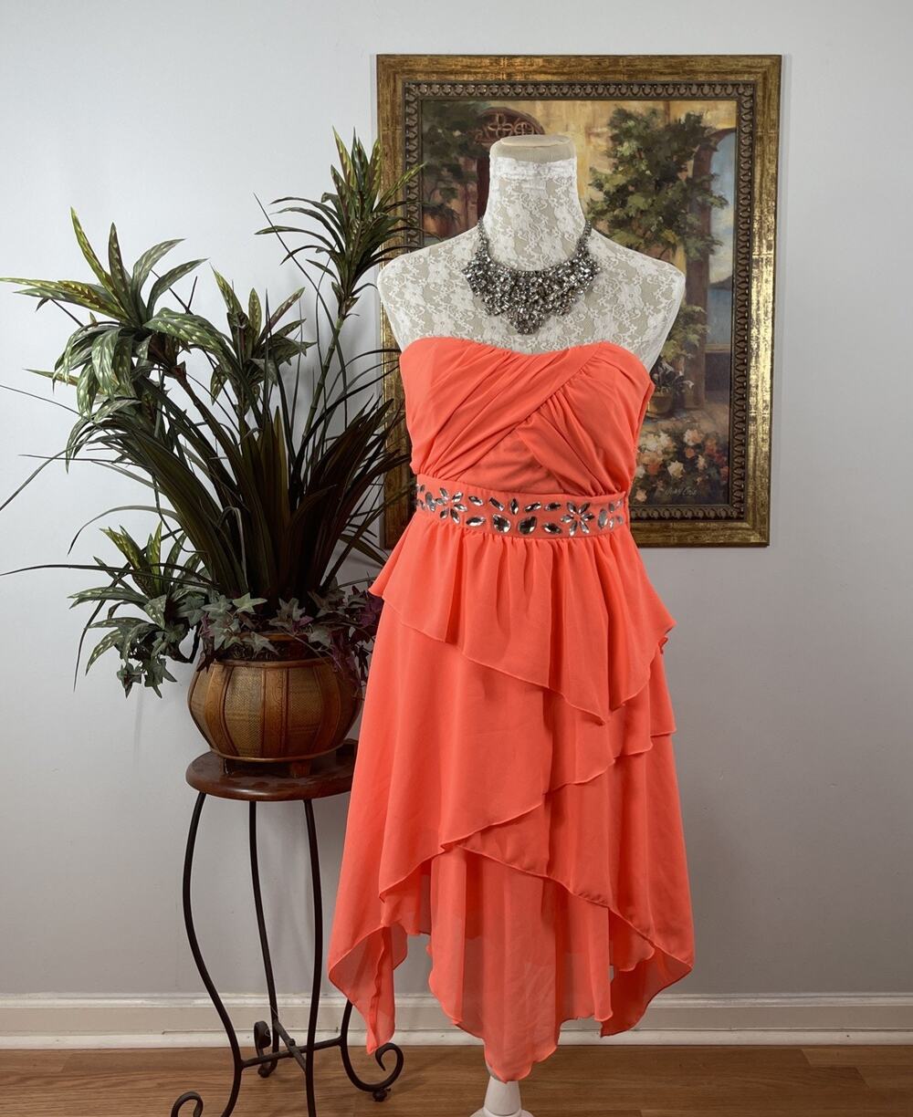 XOXO Neon Coral Size 9/10 Strapless Hi-Low Chiffon Party Dress Beaded Waist